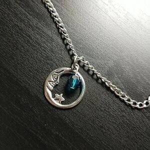 Anklet, Crescent Moon circle charm blue bead silver 11" NOS fashion jewelry